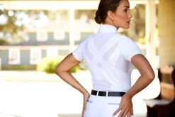 Ariat Womens Ascent 1/4 Zip Short Sleeve Show Shirt -Weatherbeeta Store S23 WMS ENGL Carmel LaCunha Shot 02 7942 RTL